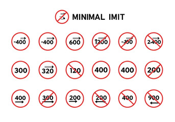Red circle signs with numbers  directional arrows some crossed out against a white background labeled MINIMAL IMIT