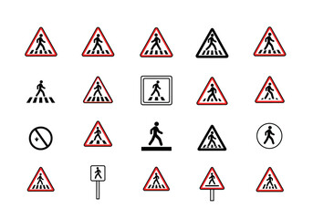 Road sign collage showcasing various pedestrian crossing symbols