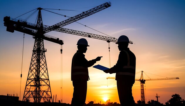 Construction workers discussing blueprints at sunset - Powered by Adobe