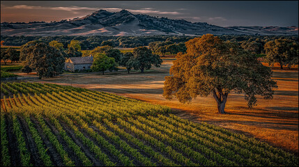 Scenic Vineyard With Rolling Hills At Sunset