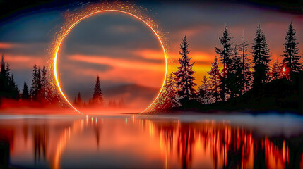 Mesmerizing Sunset Over Forest With Fiery Circle