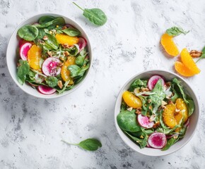 Vegan salad bowl with oranges, spinach, arugula, radish, nut.