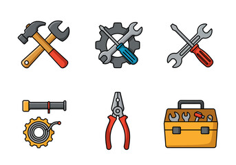 Vector illustration assorted tools Wrench screwdriver hammer gear pliers toolbox Colorful with thick black outlines