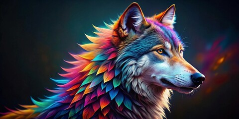 Naklejka premium A Vibrant Wolf Portrait with Rainbow-Colored Feather Mane, a Captivating Image of a Majestic Canine Creature
