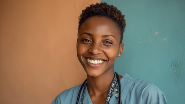 Smiling nursedoctor with stethoscope against split orange and blue background