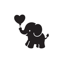 A playful black silhouette of a baby elephant holding a heart-shaped balloon with its trunk. 