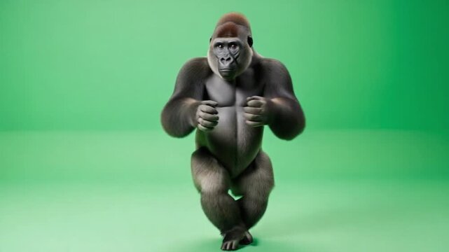 Powerful 3D animated gorilla standing on green screen with clenched fists. Realistic CGI primate character.