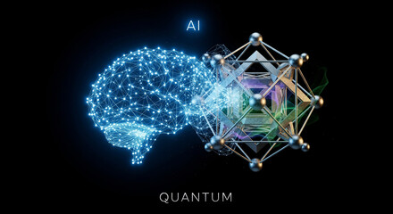 Next-generation technology image of the fusion of AI and quantum computers on a black background