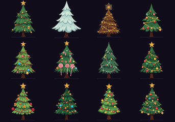Fototapeta premium Collection of Twelve Stylized Christmas Trees with Decorations and Star Toppers.