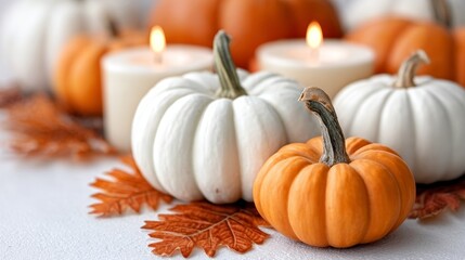 Autumn still life with decorative pumpkins, candles, and colorful leaves for Thanksgiving decor.