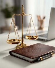 Golden Justice Scale with Laptop and Leather Planner on White Desk in Professional Setting