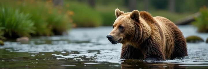 Obraz premium Brown bear partially submerged, wading in a stream, woods, mammal, forest