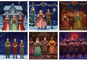 Fototapeta premium Diverse Carolers Singing Christmas Carols in Snowy Town Scenes.