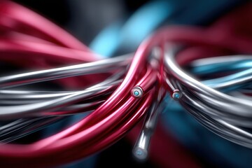 Intertwined Red and Silver Cables with Blue Cores