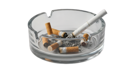 Clear ashtray filled with cigarette butts and ash