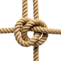 Close up view of a knotted rope against a solid color background on transparent background