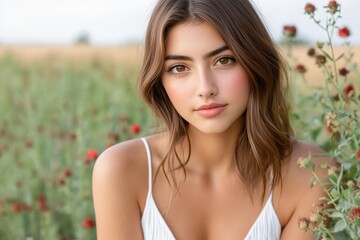 Naklejka premium Lovely young woman posing effortlessly outdoors in a vibrant wildflower field during daytime bliss.