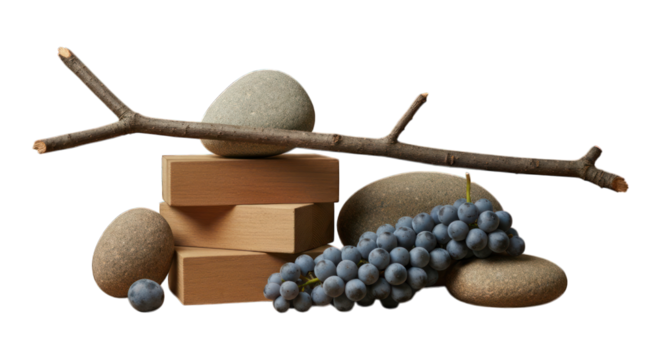 Still life arrangement of stones, wood, branch, and grapes