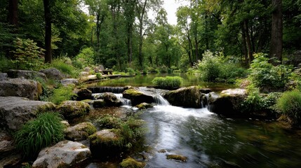 Fototapeta premium Forest stream with cascading water and rocks