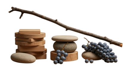 Wooden blocks, stones, branch, grapes