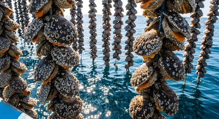 Rows of mussels hanging in the water, cultivated for aquaculture, showing their textured shells and the ocean background.