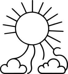 Black bold outline with white background, Minimal line art of sun with rays and clouds below 3