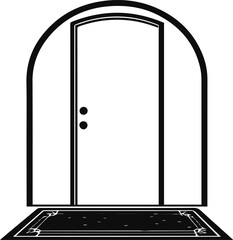 Black bold outline with white background, Minimal line drawing of doorway with welcome mat 3