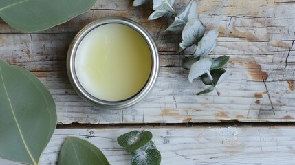 Artisanal Calm: A Handcrafted Balm in a Rustic Tin Paired with a Fresh Eucalyptus Leaf on a Warm Wooden Surface