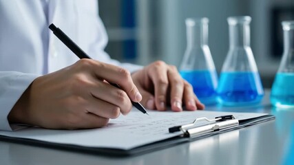 Woman scientist records data from experiments in a lab, working with blue chemical fluids in beakers for medical research footage. - Powered by Adobe