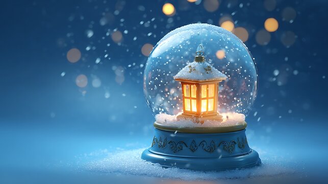 Christmas lantern glowing inside the globe isolated on blue background