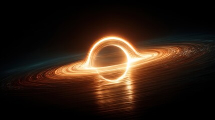 Exploration of a swirling black hole surrounded by glowing gas and light in deep space