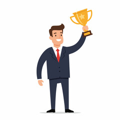 Cartoon Happy Man Holding Trophy Celebrating Victory and Success Illustration