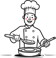 Black bold outline with white background, Outline of chef flipping pancake in pan, thin smooth line