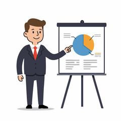 Flat Style Detailed Businessman Presentation with Pie Chart on Whiteboard