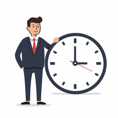 Flat Design Businessman Leaning Against Big Clock Time Management Illustration
