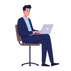 Flat Style Full Body Man Sitting Typing on Laptop Illustration