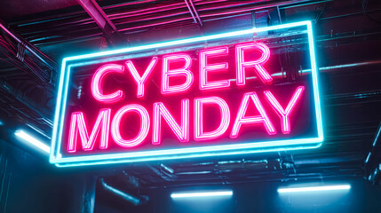 Obraz premium Bright neon Cyber Monday sign in a dark store room