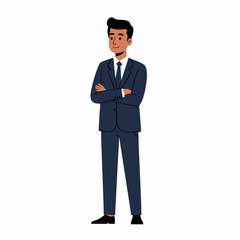 Flat Style Confident Businessman Standing with Arms Crossed Character Illustration