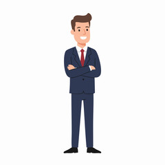 Obraz premium Cartoon Style Confident Businessman Standing with Arms Crossed Character Illustration