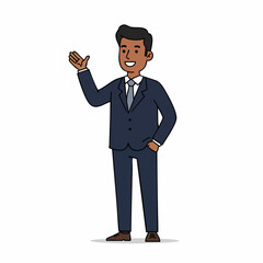 Flat Style Standing Businessman Black Hair Waving Hand Character Illustration