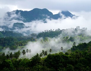 Misty mountain range with lush tropical forest