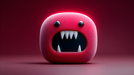 Naklejka premium Fearsome Character: A captivating, red cartoon character with sharp teeth and menacing expression, poised against a deep red backdrop, invites your audience to embrace the thrill of the uncanny. 