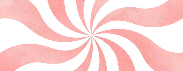 Ice cream or candy cane pink spiral swirl watercolor illustration background. Fun stripe circular vortex effect.	