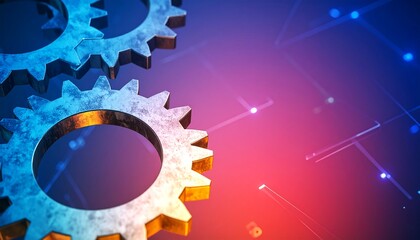 Metallic gears interlock against a blurred digital circuit background