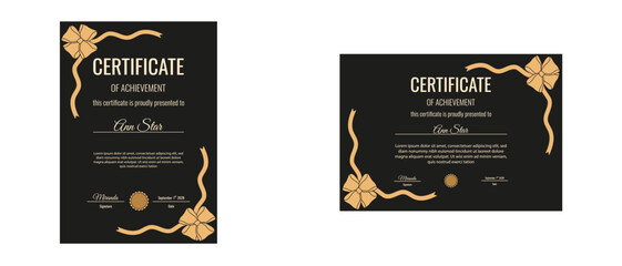 Coquette. Luxury. Vector elegant horizontal and vertical royal Certificate template design with gold bow and ribbon isolated transparent background. Coquette Certificate diploma award layout set