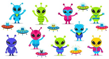 Obraz premium Cute cartoon aliens waving and flying in UFOs, set of funny extraterrestrial characters on a white background