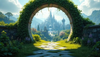 Stone Path Through Archway With Lush Vines Leading to a Distant Majestic Castle Against Bright Blue Sky and Soft Clouds