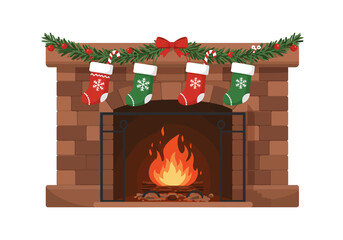 A brick fireplace with lit fire garland red bow and four hanging stockings