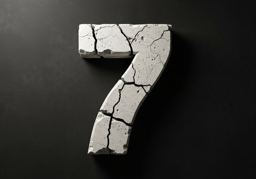 Cracked number seven casting a shadow on a dark grey surface, symbolizing fragility and age with a somber mood. - Powered by Adobe