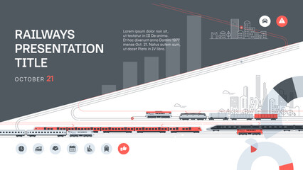 Varioous trains are moving against the background of the city buildings. Modern cover for a presentation about railway transportation